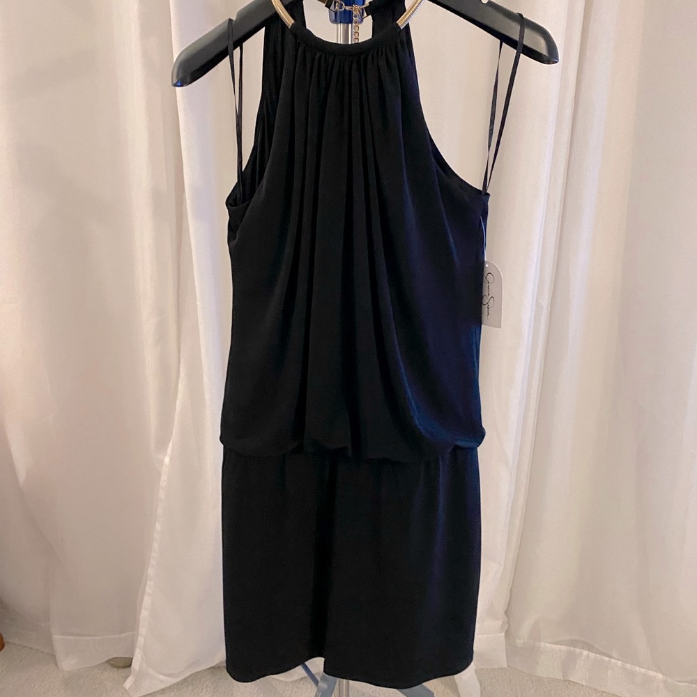 New With Tags!! Black blouson dress with gold neck/chain